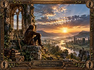 A solitary traveler rests among ivy-covered stone ruins, overlooking a misty river valley illuminated by a golden sunrise. Warm amber light contrasts with cool blue-gray clouds, creating a reflective, hopeful mood. Richly textured fantasy realism, weathered masonry, distant ruins, scattered books, a flute, and an ornate musical frame deepen the timeless atmosphere.