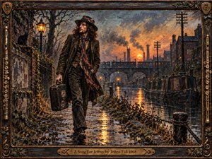 A solitary bohemian traveler walks beside a rain-darkened industrial canal at dusk, carrying a battered case beneath glowing lamplight. Smokestacks, bridges, bare trees, and moored boats recede into smoky distance. Rich umbers, slate blues, and amber reflections create a reflective mood, rendered in textured, handcrafted oil-painting detail within an ornate musical frame.