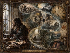 A contemplative man sits beside a tall window, surrounded by layered memories flowing through a luminous S-curve of time. Sepia streets, a steam train, ruined abbey, clocks, autumn leaves, and antique objects create a wistful atmosphere. Warm brass, smoky blue-gray, aged textures, and intricate steampunk framing deepen the nostalgic, handcrafted mood.
