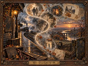 A rain-darkened railway platform unfolds into an autumn valley at sunset, while a luminous S-curve of mist carries fading memories, a clock, distant figures, and warm window light through the scene. Burnished amber, charcoal, slate, and sepia tones enrich the handcrafted mixed-media style, framed with carved wood and aged brass.