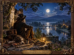 A solitary traveler rests beside a sleeping dog on ancient stone ruins, overlooking a moonlit river valley and distant village. Deep blues and silver mist contrast with warm lantern light, creating a reflective, dreamlike mood. Rich textures, rustic objects, a wooden flute, and an ornate carved frame evoke handcrafted 1960s folk-rock fantasy.