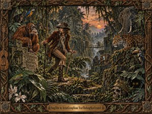 A richly detailed, storybook-style jungle scene centers on a wary wanderer moving through ancient ruins at sunset, surrounded by expressive animals, tangled foliage, and carved stone relics. Warm amber light meets deep green shadows, creating a mysterious, adventurous mood, while the ornate vine-and-wood frame and engraved title plate complete the handcrafted, theatrical composition.