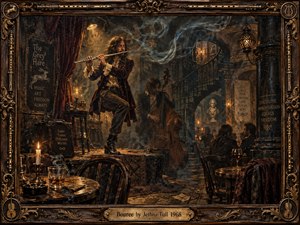 A candlelit flautist performs beside a shadowed double bassist in an intimate, baroque-inspired tavern filled with smoke, velvet, carved wood, and antique furnishings. Warm amber and burgundy tones contrast with cool blue-gray haze, while dramatic chiaroscuro, textured oil-painting detail, ornate framing, and curling smoke create a mysterious, sophisticated musical atmosphere.