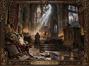 A lone figure kneels inside a ruined Gothic cathedral where candlelight glows against broken stained glass, scattered rubble, and rain-slick stone. Warm golds and smoky browns contrast with cold gray daylight and distant industry. The richly detailed mixed-media painting feels solemn, accusatory, and dramatic, enclosed by an ornate, music-inspired devotional frame.