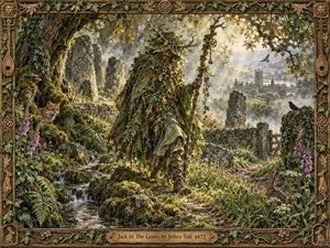 A woodland guardian wrapped in layered leaves strides beside a clear forest stream, surrounded by mossy stones, foxgloves, a fox, and a rabbit. Warm golden sunlight filters through ancient trees toward a distant village, creating a mystical pastoral mood. Rich greens, earthy browns, carved wood, and painterly realism emphasize handcrafted detail.
