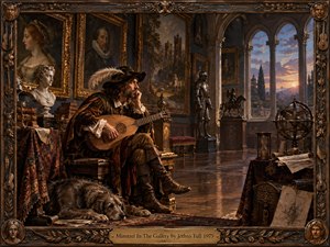 A contemplative Renaissance minstrel sits with a lute in an ornate gallery filled with portraits, armor, sculpture, books, and antique instruments. Warm sunset light pours through Gothic arches, balancing rich browns, golds, and deep shadows. Painterly realism, intricate textures, a resting dog, and the elaborate carved frame create a reflective, timeless atmosphere.