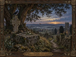 A weathered churchyard rests beneath a vast ancient tree at twilight, where a feathered hat and silver flute lie on a moss-covered grave beside a carved Celtic cross and watchful raven. Cool blues, earthy browns, misty fields, glowing church windows, and fading sunset light create a quiet, elegiac oil-painted atmosphere.