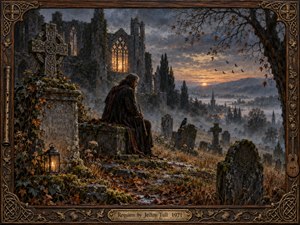 In an ornate carved frame, a solitary musician sits among mossy graves before ruined abbey walls, gazing across a mist-filled valley at sunset. Cool blue grays and autumn browns mingle with warm amber light from a lantern and glowing window, creating a mournful, reverent atmosphere in this richly textured, painterly scene.