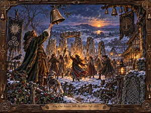 A wintry solstice festival unfolds around ancient standing stones as villagers dance beside a glowing bonfire and a cloaked bell ringer raises an ornate bronze bell. Deep blue twilight, snowy hills, warm lanterns, rustic cottages, holly, carved wood, and Celtic motifs create a richly detailed, handcrafted folk atmosphere.