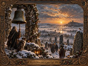 A snowbound solstice landscape glows beneath a fiery golden sunrise as a cloaked elder rings a weathered bell beside ancient standing stones. Torch-bearing figures move through the misty valley below, surrounded by holly, snow, and distant ruins. Rich oil-paint textures, bronze ornament, and Celtic framing create a solemn, mystical folk atmosphere.