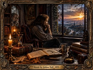 A solitary bearded man sits beside a mullioned window in a book-filled study, gazing across a misty valley at sunset. Warm candlelight contrasts with cool blue-gray shadows, creating a reflective, nostalgic mood. Antique books, an hourglass, compass, leaves, and carved ornaments enrich the highly detailed, cinematic, handcrafted composition.