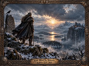 A lone fur-clad warrior stands on a snowy cliff above a vast misty fjord, facing distant mountains and a glowing hall perched on rock. Storm clouds split around a golden sunset, balancing cold blues with warm amber light. Intricate Norse metalwork, carved knot patterns, a raven, and weathered textures create an epic, solemn, handcrafted atmosphere.