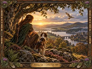 A cloaked young huntress and her hound overlook a misty river valley glowing beneath a golden sunset. Rolling hills, a stone bridge, distant village, soaring hawk, and rugged woodland create a romantic, adventurous mood. Rich greens, amber light, detailed textures, and an ornate Celtic-inspired frame evoke handcrafted medieval folk art.