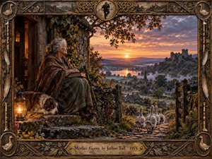An elderly woman rests beside a stone cottage with her sleeping dog as geese wander toward a misty valley at sunset. Warm amber light, violet clouds, distant ruins, village rooftops, and reflective water create a nostalgic folk atmosphere. Intricate carved wood and brass framing reinforces the handcrafted, storybook character.