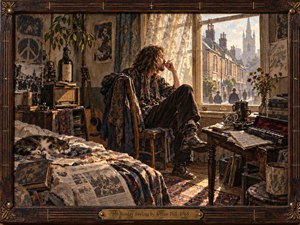A weary bohemian musician sits beside a sunlit window in a cluttered late-1960s room, gazing toward quiet brick streets and a distant church. Warm amber light, earthy browns, faded blues, patterned fabrics, instruments, papers, and a sleeping cat create a reflective, restless mood. Painterly textures and a carved wooden frame enhance the handcrafted atmosphere.