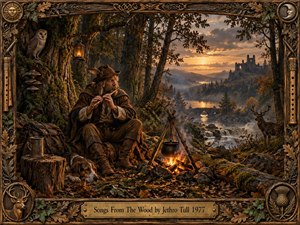 A weathered flutist rests beside a campfire in an autumn woodland, accompanied by a hound, owl, and watchful stag. Golden sunset light spills across a misty river valley toward distant ruins, creating a warm, reflective folk atmosphere. Rich earthy browns, carved wood, brass, foliage, and intricate framing reinforce the handcrafted period character.