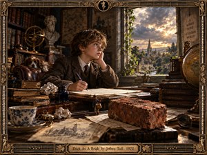 A thoughtful schoolboy sits at a cluttered antique desk beside a weathered brick, surrounded by books, maps, curiosities, and a resting dog. Warm amber lamplight contrasts with a dramatic storm-lit village beyond the window. Rich browns, golds, and stone textures create a nostalgic, cinematic, finely detailed fantasy-realism atmosphere.