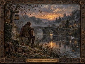 A solitary musician rests beside a misty river at dusk, facing an old stone bridge and distant village church. Burnished amber light breaks through smoky clouds, reflecting across dark water and autumn foliage. Richly textured, painterly detail, weathered wood, carved Celtic framing, lantern glow, and subdued earth tones create a wistful, timeless atmosphere.