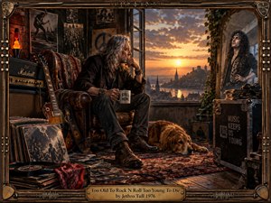 A weathered older rocker sits thoughtfully in a richly worn music loft, surrounded by guitars, records, posters, and a resting dog. Warm sunset light pours through an open window, while his younger reflection appears in a mirror. Bronze framing, deep amber tones, aged textures, and cinematic realism create a nostalgic, defiant mood.