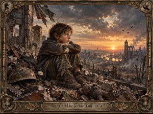 A solitary child sits among war-torn rubble, overlooking a shattered city beneath a dramatic sunset. Warm gold light breaks through heavy gray clouds, contrasting with scorched earth, broken stone, and twisted timber. A battered helmet, small flowers, and torn teddy bear deepen the melancholy in this richly textured, vintage painterly scene.