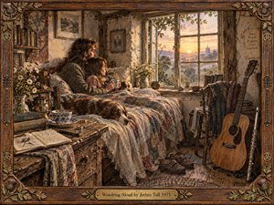 A warmly lit rustic cottage frames a quiet couple resting together beside an open window at sunrise. Golden light washes over weathered wood, patchwork quilts, books, flowers, a sleeping dog, guitar, and flute. The richly textured, painterly scene feels intimate, reflective, nostalgic, and gently pastoral, enclosed by an ornate carved wooden frame.