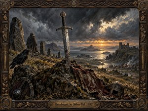 A weathered broadsword rises from a rocky coastal battlefield beneath turbulent gray clouds and a fading amber sunset. Ravens, standing stones, broken armor, a distant ruined fortress, and smoldering cottages create a somber medieval atmosphere. Rich oil-paint textures, muted earth tones, dramatic light, and carved Celtic framing reinforce the brooding 1982 mood.