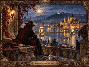 A solitary traveler overlooks moonlit Budapest and the glowing Danube from an ivy-covered stone terrace. Warm lanterns, autumn leaves, ornate architecture, bridges, boats, and golden reflections contrast with the cool blue night. Richly textured oil-paint styling and an elaborate bronze frame create a romantic, nostalgic, old-world atmosphere.