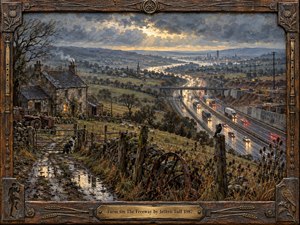 A weathered stone farm overlooks a rain-slick freeway cutting through a rural valley, contrasting fading pastoral life with relentless modern motion. Moody gray-blue skies break with warm light, while headlights, muddy fields, sheep, rusted machinery, and carved wood framing create a richly textured, melancholic oil-painted scene of change and endurance.