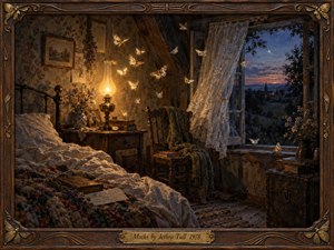 A moonlit attic bedroom glows with amber lamplight as pale moths drift through warm air beside an open lace-curtained window. Rumpled linens, worn wood, books, and dried flowers create a tender, wistful stillness. Rich browns, golds, and twilight blues shape a detailed, painterly composition with nostalgic, handcrafted charm.