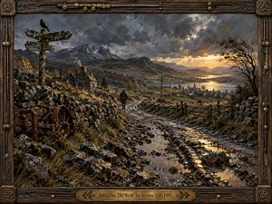 A solitary traveler follows a rain-soaked rocky road through a rugged valley beneath dramatic storm clouds. Wet stones and puddles reflect muted gold sunset light, while mossy walls, a weathered signpost, distant village, lake, and mountains deepen the melancholy mood. Rich oil-like textures, earthy browns, slate grays, and carved musical framing create a weathered, reflective atmosphere.
