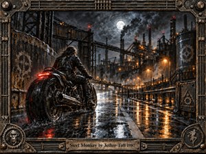 A lone motorcyclist races through a rain-soaked industrial complex beneath a bright full moon. Towering steel structures, smokestacks, pipes, and orange work lights create a tense mechanical atmosphere. Wet pavement reflects amber and red highlights, while the rugged metal frame, gears, bolts, and weathered textures reinforce the dark industrial aesthetic.