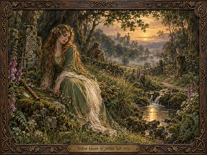 A serene young woman in a velvet green dress rests beside a woodland stream at sunset, surrounded by mossy stones, wildflowers, and ancient trees. Warm golden light leads toward distant ruins while a lone traveler and owl deepen the pastoral mystery. Rich painterly detail and carved wood framing create a timeless folk atmosphere.