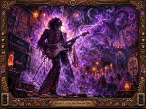 A silhouetted guitarist commands a psychedelic 1960s stage as luminous purple haze coils through amplifiers, cables, and a mesmerized crowd. Saturated violet, magenta, blue, and amber lighting creates a dreamlike cosmic atmosphere. Rich oil-painted textures, surreal celestial forms, vintage posters, and an ornate guitar-inspired frame intensify the electric, hallucinatory mood.
