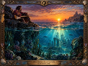 A psychedelic seascape shows a guitarist resting on dark coastal rocks above a luminous underwater ruin. Golden sunset light meets deep turquoise water, coral, fish, and ancient stone forms, creating a mystical, contemplative mood. An ornate bronze frame with shells, guitar details, and jewel-like accents completes the richly painted composition.