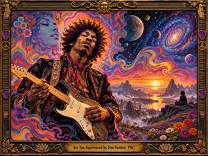 A psychedelic guitarist dominates a cosmic dreamscape of swirling galaxies, glowing planets, distant mountains, flowers, and a radiant sunset. Saturated purples, oranges, blues, and golds create an ecstatic, transcendent mood, while ornate guitar-themed framing and warm luminous highlights give the highly detailed digital painting a richly handcrafted 1960s character.