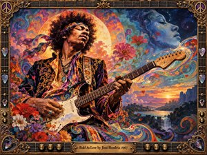 Jimi Hendrix plays guitar within a vivid psychedelic dreamscape of swirling flowers, cosmic clouds, and a glowing sunset valley. Saturated orange, violet, blue, and gold create an ecstatic, romantic mood. Ornate guitar-inspired framing, jeweled picks, amplifier knobs, and luminous celestial imagery reinforce the richly detailed 1960s aesthetic.