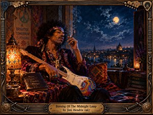 A contemplative guitarist rests in a richly patterned room overlooking a moonlit city, surrounded by glowing lamps, records, books, candles, and psychedelic textiles. Deep blues, amber light, crimson accents, and smoky shadows create a dreamy late-night mood, framed by ornate guitar-inspired metalwork and warm vintage detail.