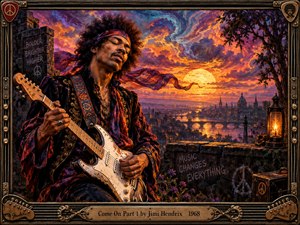 Jimi Hendrix plays guitar above a glowing riverside city at sunset, surrounded by swirling psychedelic clouds, distant towers, flowers, and peace symbols. Fiery orange, violet, and blue tones create an electric, dreamlike mood. Rich painterly textures, dramatic light, and an ornate guitar-inspired frame evoke late-1960s rock energy.