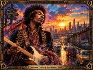 A psychedelic guitarist dominates a rain-slicked urban scene as dense traffic streams toward a glowing sunset skyline. Fiery orange, violet, and blue clouds heighten the restless mood, while murals, peace symbols, and vintage cars evoke the late 1960s. Ornate guitar hardware frames the richly detailed cinematic painting.