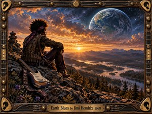 A lone guitarist rests on a rocky overlook above a winding river valley, contemplating a luminous Earth suspended in a starry sky. Fiery sunset clouds, deep blues, warm golds, and rugged textures create a reflective psychedelic mood. An ornate guitar-inspired frame and engraved brass title plate complete the cinematic composition.