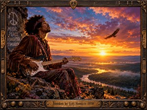 A contemplative guitarist sits on a rocky overlook above a winding river at blazing sunset, surrounded by misty forests and distant mountains. Fiery orange, violet, and blue clouds create a liberated, hopeful mood as an eagle soars overhead. An ornate guitar-inspired bronze frame adds rich 1970s psychedelic character.
