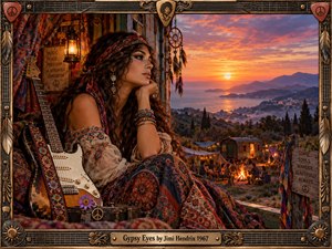 A bohemian woman rests beside a weathered electric guitar, gazing across a glowing coastal sunset toward distant mountains and a lantern-lit caravan camp. Rich paisley fabrics, bronze ornamentation, feathers, and warm amber light create a dreamy psychedelic atmosphere, while the elaborate guitar-inspired frame reinforces the late-1960s counterculture mood.