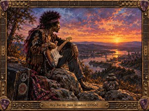 A richly painted psychedelic rock scene shows a lone guitarist seated on a rugged overlook above a glowing river valley at sunset. Warm orange, violet, and gold light surrounds distant roads and buildings, while ornate clothing, a vintage guitar, peace symbols, rocky textures, and an elaborate instrument-inspired frame create a reflective 1960s atmosphere.
