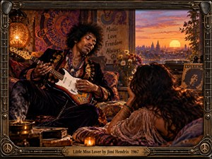 A richly detailed psychedelic scene shows Hendrix playing guitar in an intimate bohemian room as a woman reclines nearby. Warm amber light, patterned fabrics, flowers, incense, and a glowing sunset create a sensual, dreamy mood. Ornate guitar-inspired metalwork frames the cinematic composition with authentic late-1960s character.