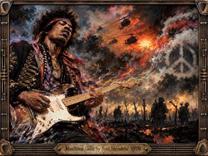 Jimi Hendrix bends into his guitar as a blazing battlefield unfolds behind him, merging psychedelic performance with wartime dread. Fiery orange skies, black smoke, helicopters, and shadowed soldiers create intense tension, while expressive oil-like textures and dramatic lighting amplify the chaos. An ornate guitar-inspired frame completes the powerful period composition.