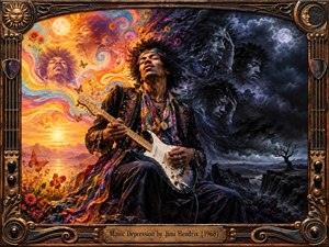 A psychedelic guitarist sits between radiant warmth and stormy darkness, embodying emotional extremes through swirling color, fractured faces, and dramatic landscape. Fiery oranges, golds, and flowers contrast with blue-black clouds, moonlight, and barren terrain. Rich painterly textures, theatrical lighting, vintage ornament, and guitar-inspired framing create an intense 1960s rock atmosphere.