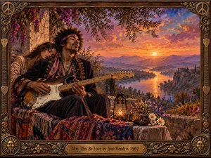 A serene guitarist and resting companion overlook a glowing river valley at sunset, surrounded by flowers, patterned textiles, and warm lantern light. Rich amber, violet, and rose tones create a romantic, dreamlike mood, while the ornate carved frame, guitar motifs, and handcrafted painterly detail evoke late 1960s psychedelic warmth.