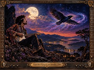 A richly dressed guitarist sits on a rocky overlook beneath a glowing moon as a dark bird sweeps through a swirling violet cosmos. Distant mountains, winding water, and golden city lights create a dreamlike nocturnal landscape. Ornate guitar-inspired framing, warm bronze details, and dramatic painterly lighting evoke psychedelic 1960s rock.