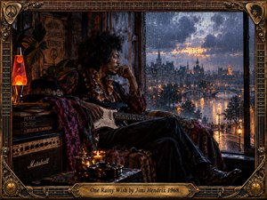 A contemplative guitarist rests beside a rain-streaked window overlooking a glowing city at dusk. Rich amber candlelight contrasts with cool stormy blues, while psychedelic fabrics, a lava lamp, guitar, and vintage amplifier evoke the late 1960s. Ornate metallic framing enhances the intimate, dreamy, cinematic atmosphere.