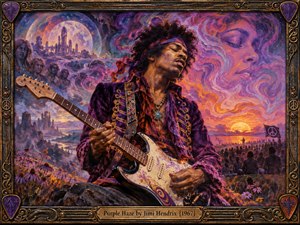 A psychedelic portrait centers Jimi Hendrix performing with a decorated electric guitar amid swirling violet, magenta, orange, and gold haze. Dreamlike faces, distant crowds, wildflowers, and surreal landscapes surround him under glowing sunset light. Rich painterly textures, ornate vintage framing, and jewel-like details create an ecstatic, mystical 1960s atmosphere.